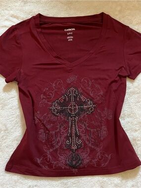 Carbon Women's Burgundy V-Neck Tee with Studded Cross Graphic
